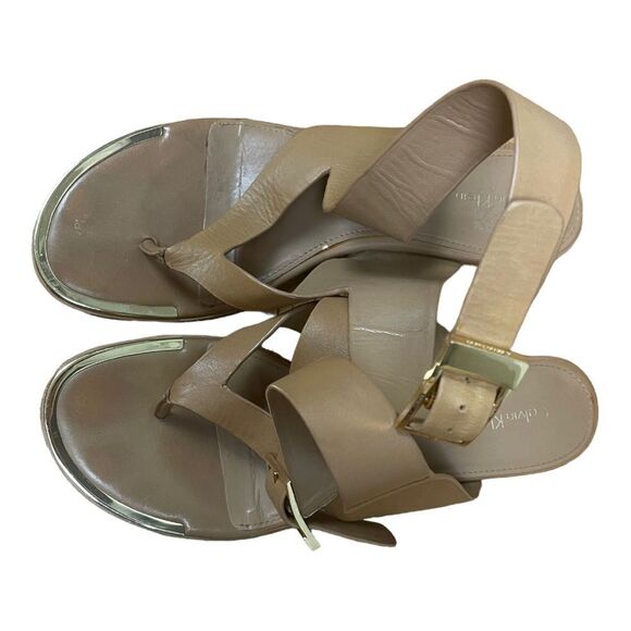Calvin Klein Beige Leather Ankle Thong Gladiator Sandals Size 10 - Picture 2 of 7